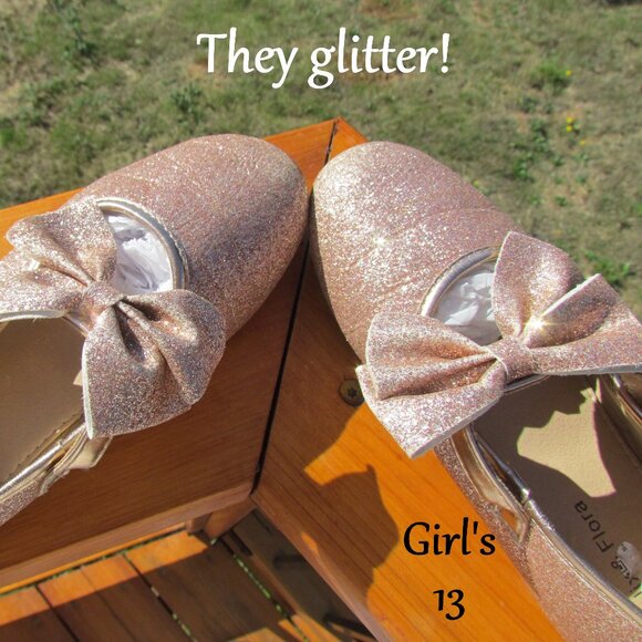 GIRL'S SHOES, 13, FELIX & FLORA GOLD GLITTER MARY JANES w BOWS, VELCRO CLOSURE - Picture 1 of 8